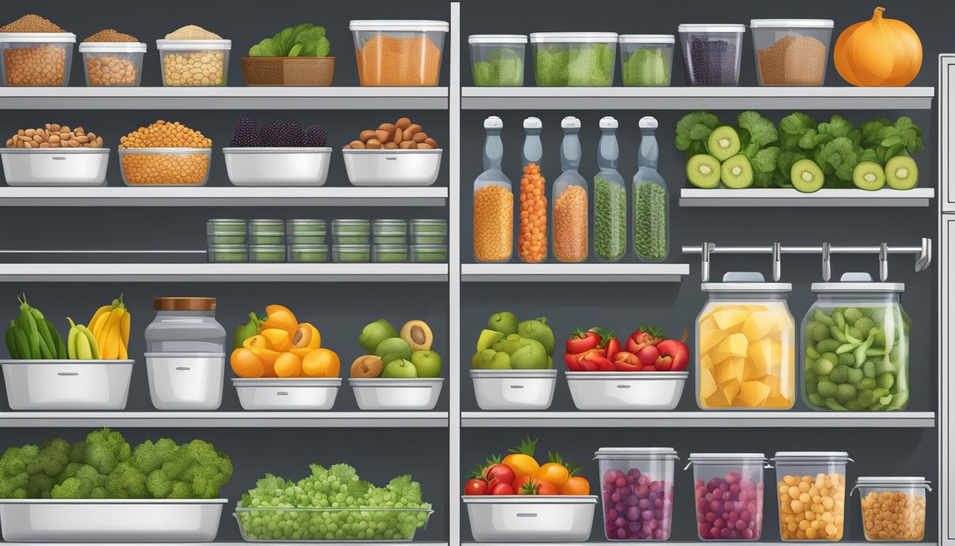 A well-organized kitchen with a variety of fresh fruits, vegetables, nuts, seeds, and lean proteins neatly stored in labeled containers and baskets