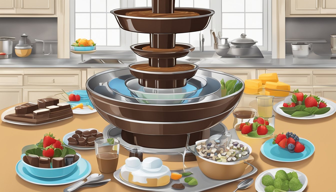 A kitchen island with neatly arranged plates, utensils, and ingredients for the dinner party. A chocolate fountain is set up as the centerpiece