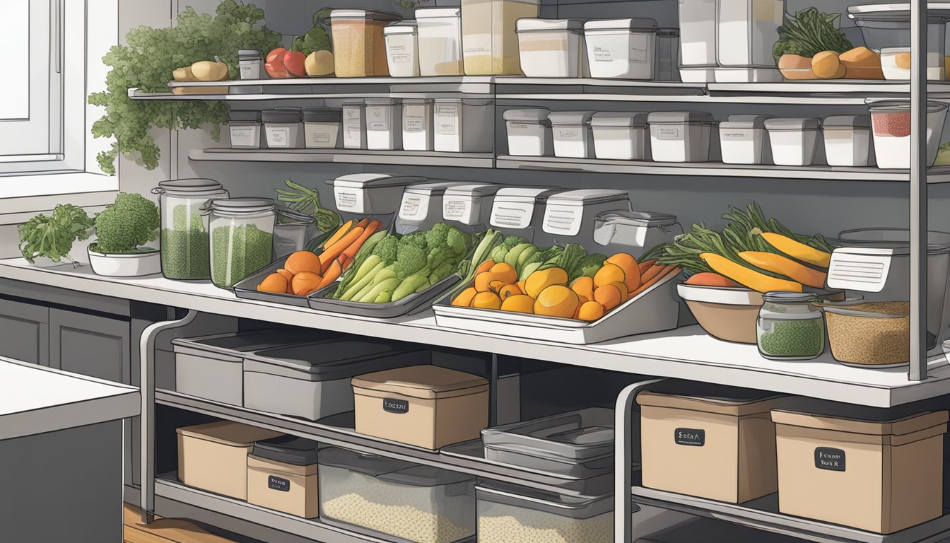 A kitchen organized with labeled containers of fresh produce, grains, and proteins. A notebook with symptom tracking charts sits on the counter