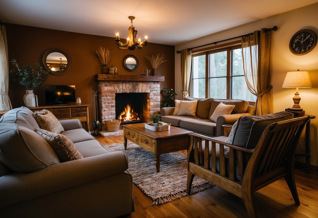 Ein gemütliches, rustikales Wohnzimmer mit Holzmöbeln, warmen Erdtönen und Vintage-Dekor. Ein knisternder Kamin trägt zur gemütlichen Atmosphäre bei.
