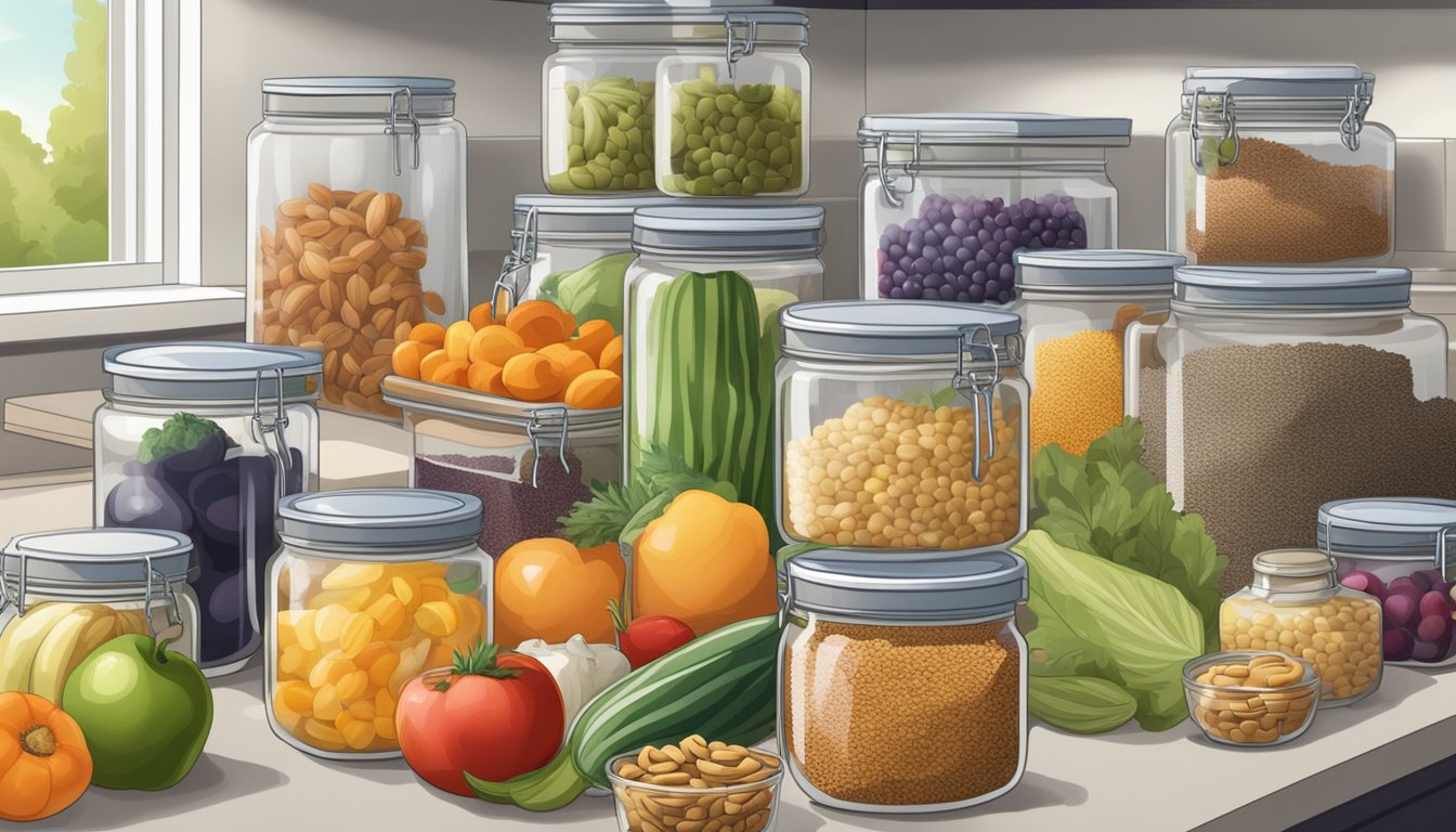 A bright, spacious kitchen with a mix of fresh produce, nuts, seeds, and whole grains neatly organized in clear glass jars and labeled containers. A variety of colorful fruits and vegetables are displayed on the countertops