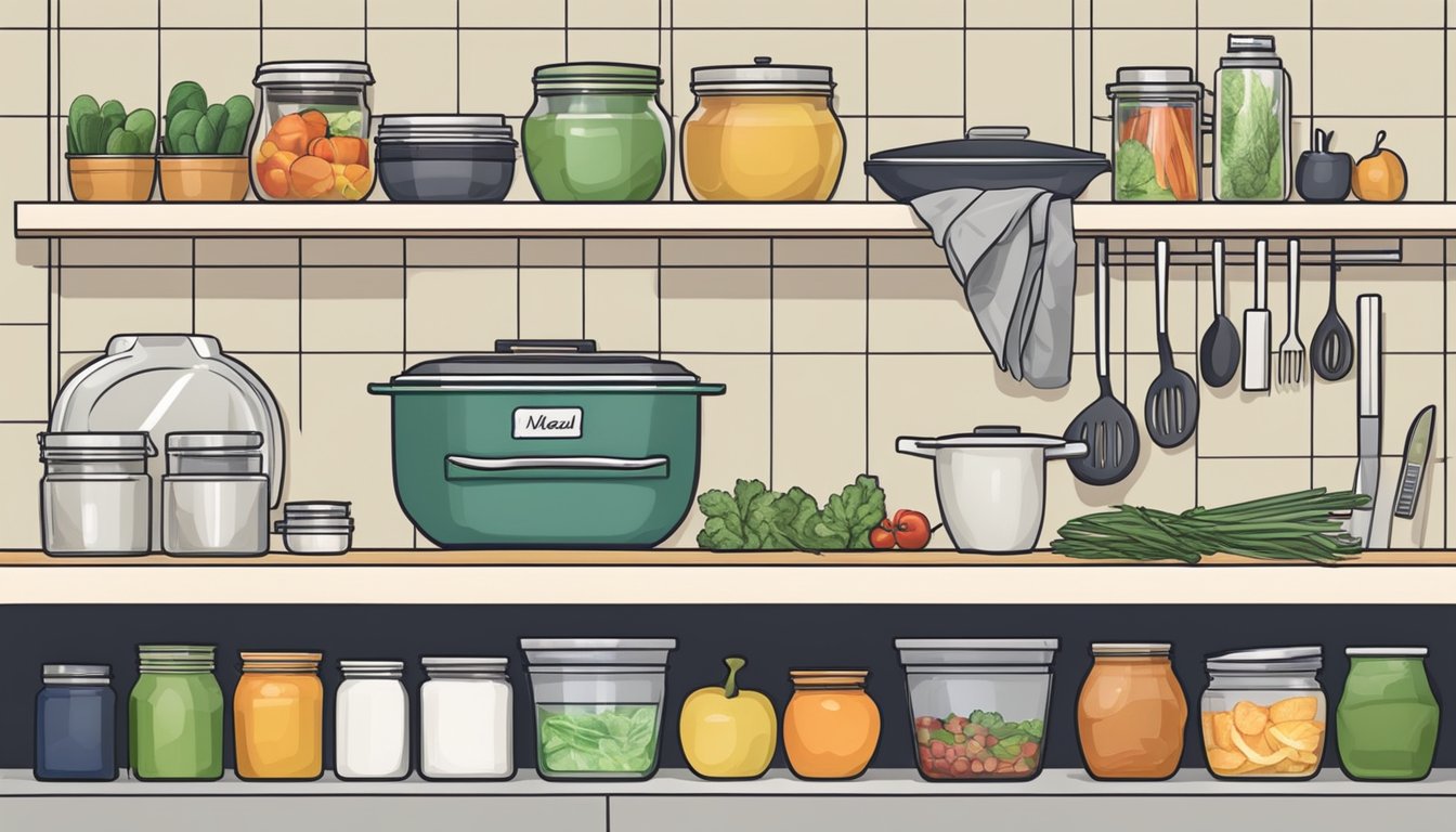 A kitchen counter with fresh produce, labeled containers, and cooking utensils arranged neatly for meal preparation