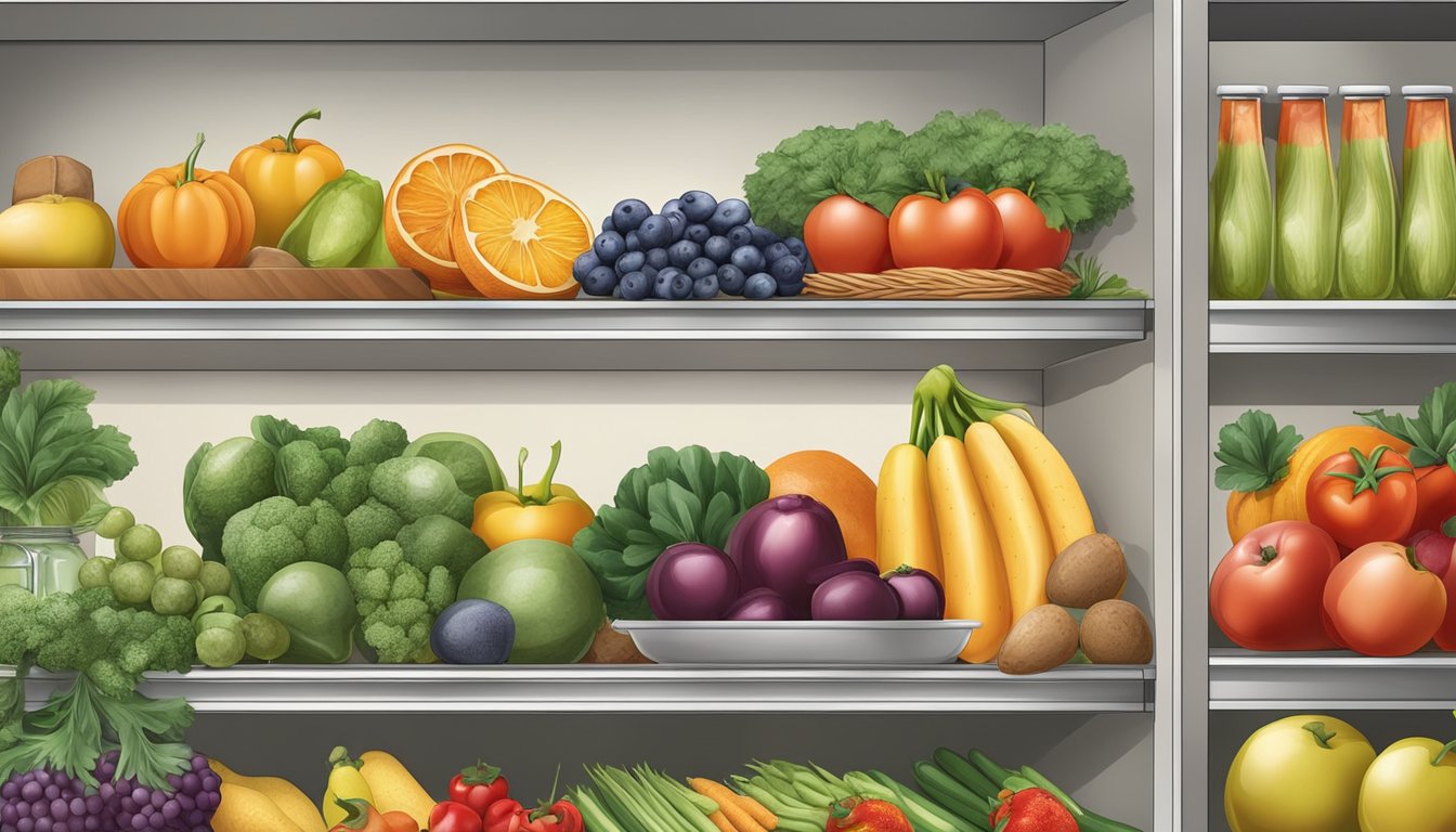 Fresh fruits and vegetables neatly organized in the foreground, while processed and sugary foods are pushed to the back of the pantry