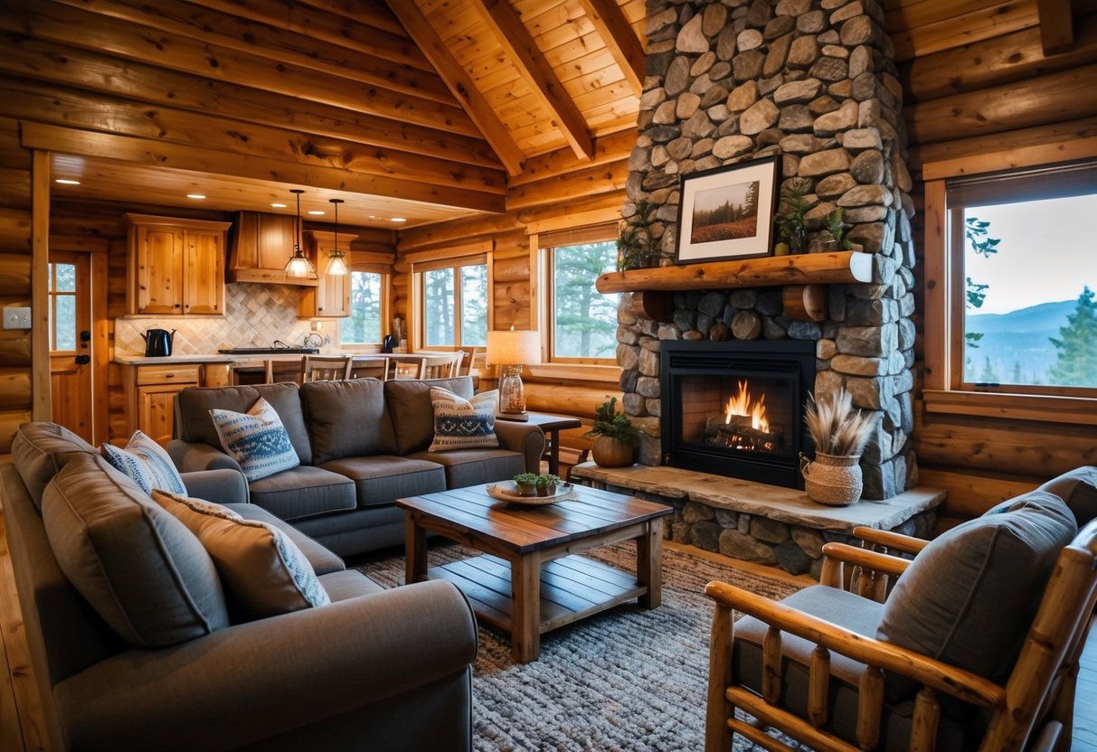 Ein gemütliches Cabin-Interieur mit Holzmöbeln, einem Steinkamin und erdigen Dekorationen