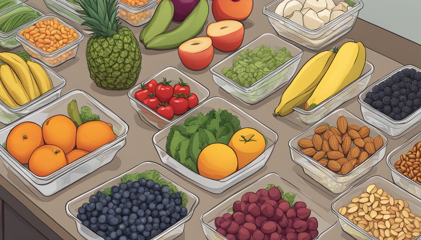 A kitchen counter with a variety of fresh fruits, vegetables, nuts, and seeds neatly organized in separate containers. A menu for a restaurant with Pegan diet options is placed nearby