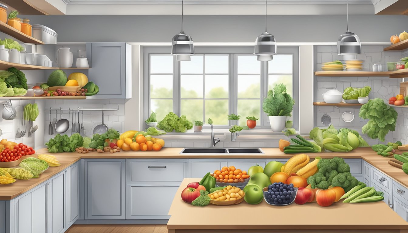 A kitchen with a variety of fresh fruits, vegetables, nuts, seeds, and lean proteins neatly organized in designated areas for easy access and meal preparation