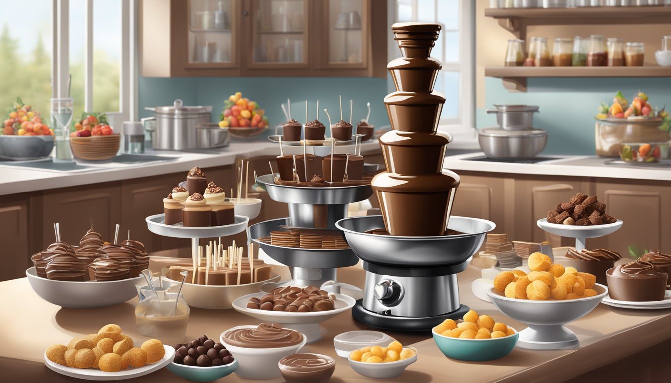 A well-organized kitchen with a sparkling clean chocolate fountain as the centerpiece, surrounded by neatly arranged dessert and dipping options for a dinner party