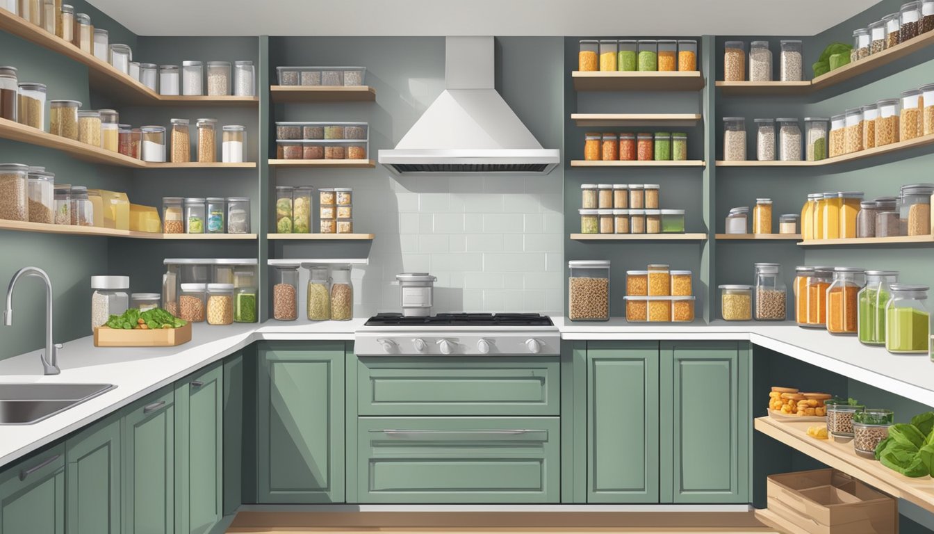 A well-organized kitchen pantry with shelves stocked with a variety of pegan-friendly snacks and convenience foods