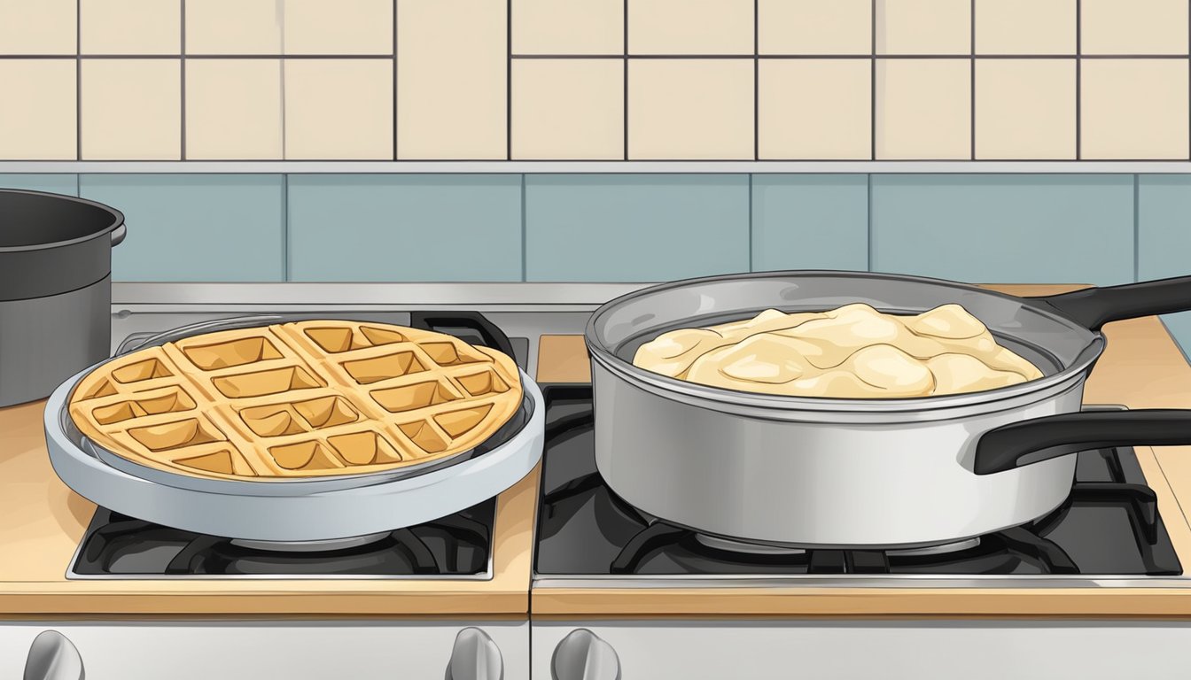 A bowl of waffle batter sits next to a pan on a stovetop, ready to be poured and cooked into a makeshift waffle without a waffle iron