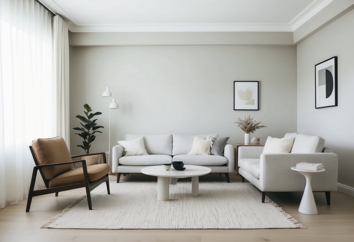 Ein einfaches Wohnzimmer mit klaren Linien, neutralen Farben und aufgeräumten Flächen. Einige sorgfältig ausgewählte Möbelstücke und minimalistische Dekoration schaffen ein Gefühl von Ruhe und Weite.