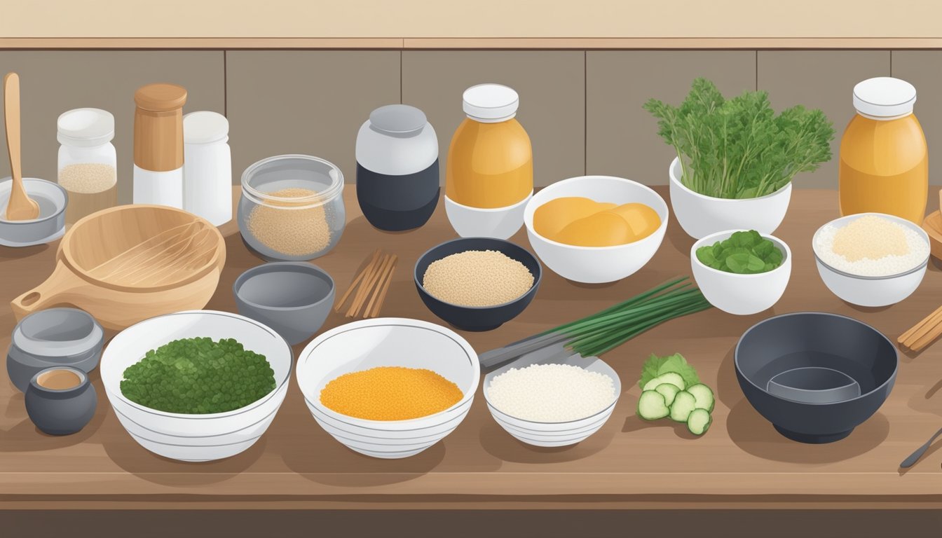 A clean, organized kitchen counter with neatly arranged miso making ingredients, utensils, and containers