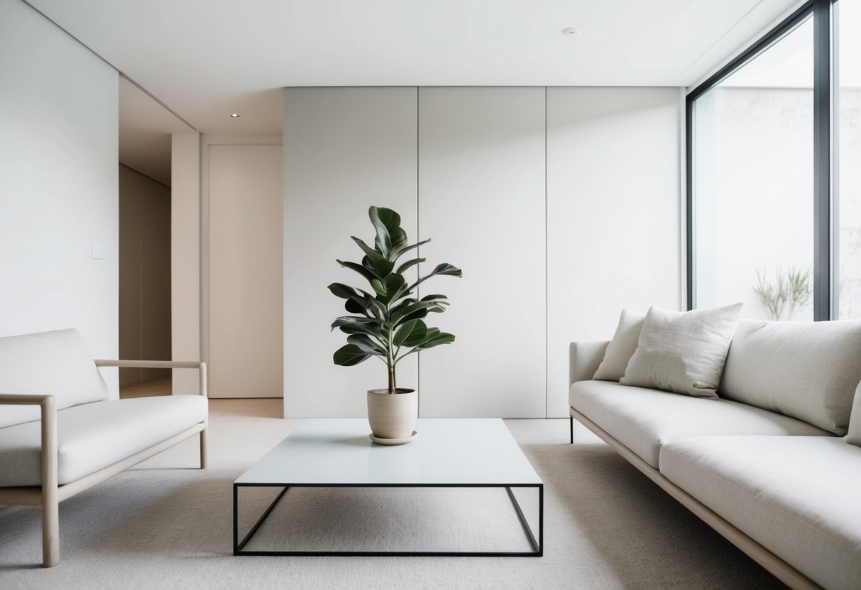 Ein ruhiges Wohnzimmer mit klaren Linien, neutralen Farben und minimaler Möbelierung. Eine einzelne Topfpflanze steht auf einem eleganten Couchtisch und schafft ein Gefühl von Ruhe und Einfachheit.