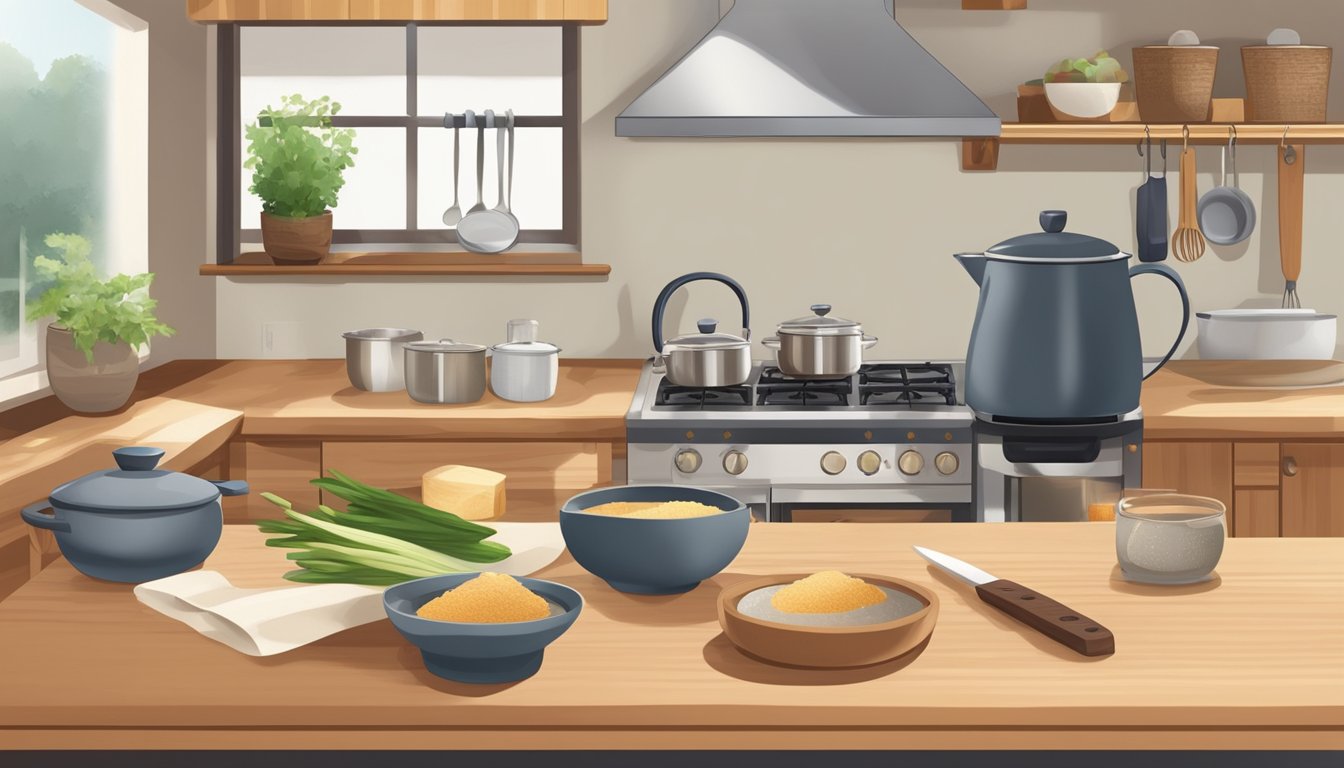 A clean, well-lit kitchen with a wooden cutting board, various miso ingredients neatly arranged, and a pot on the stove for heating water