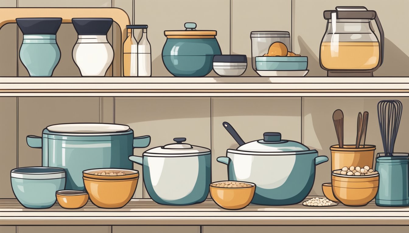 A clean, well-lit kitchen with neatly organized shelves and countertops. A large, ceramic crock sits in the center, surrounded by small bowls of miso ingredients and utensils