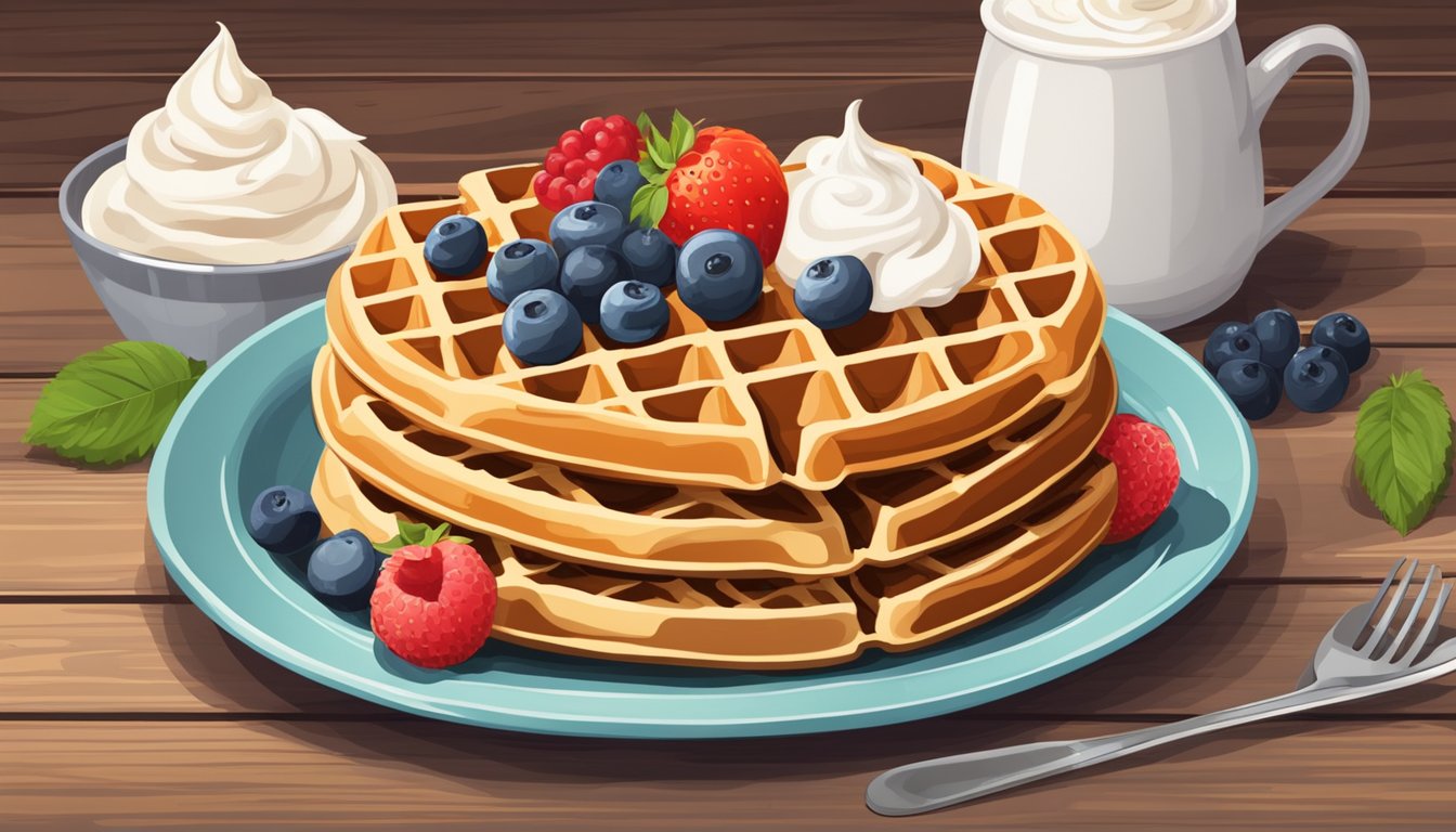 A stack of homemade waffles sits on a rustic wooden table, surrounded by fresh fruit and a dollop of whipped cream