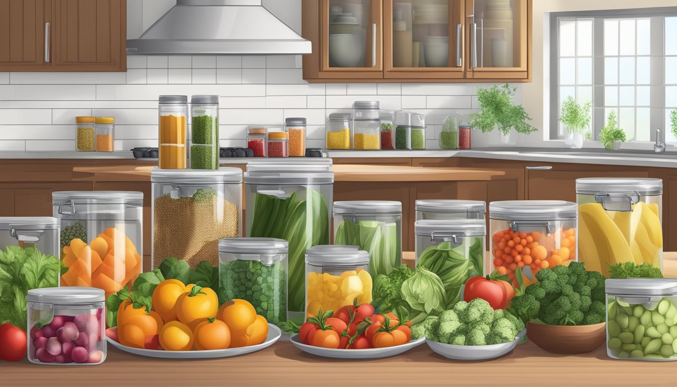 A well-organized kitchen with labeled containers of low sulfur foods, a variety of fresh fruits and vegetables, and a colorful array of herbs and spices