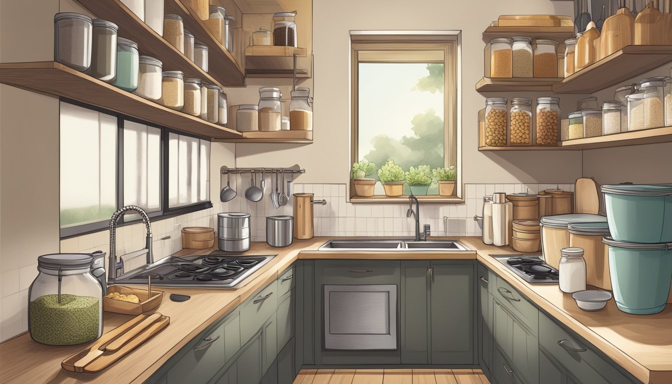 A clean, well-lit kitchen with labeled containers of miso ingredients, organized utensils, and a designated miso-making area