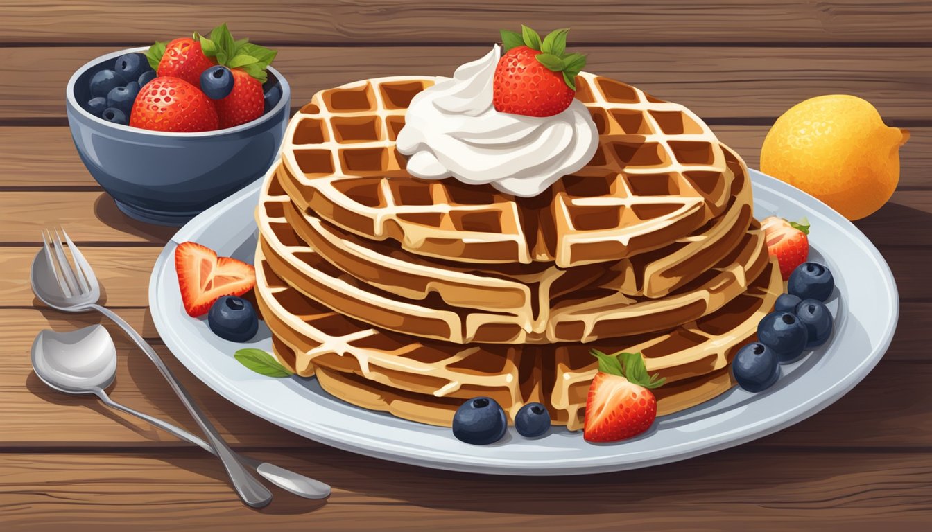 A stack of waffles topped with fresh fruit, whipped cream, and syrup on a rustic wooden table