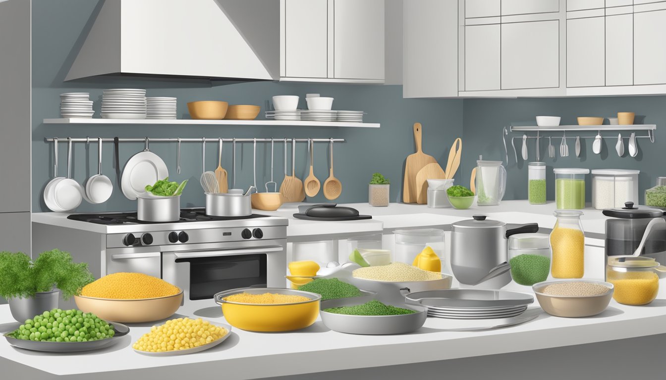 A well-organized kitchen with labeled low-sulfur ingredients, separate cooking utensils, and a clear food preparation area