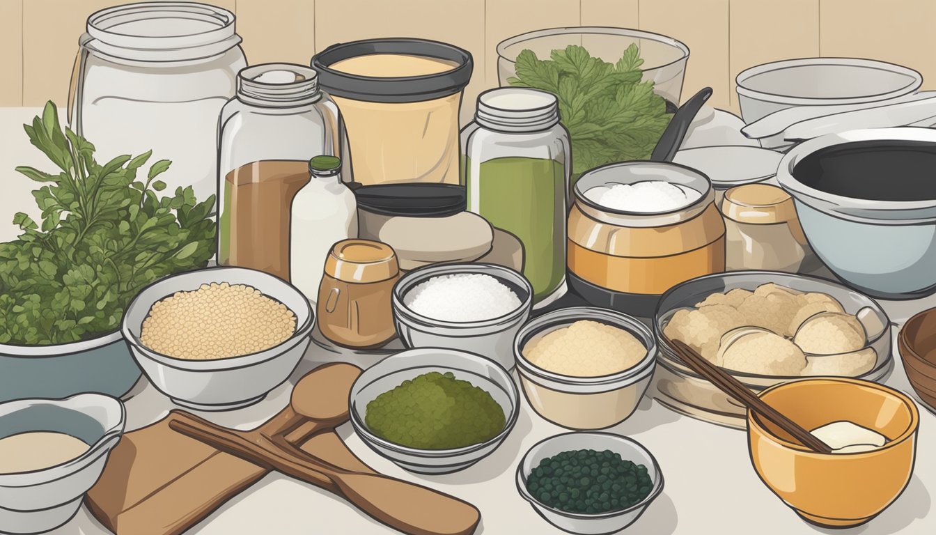 A clean, organized kitchen counter with neatly arranged miso-making ingredients, utensils, and containers