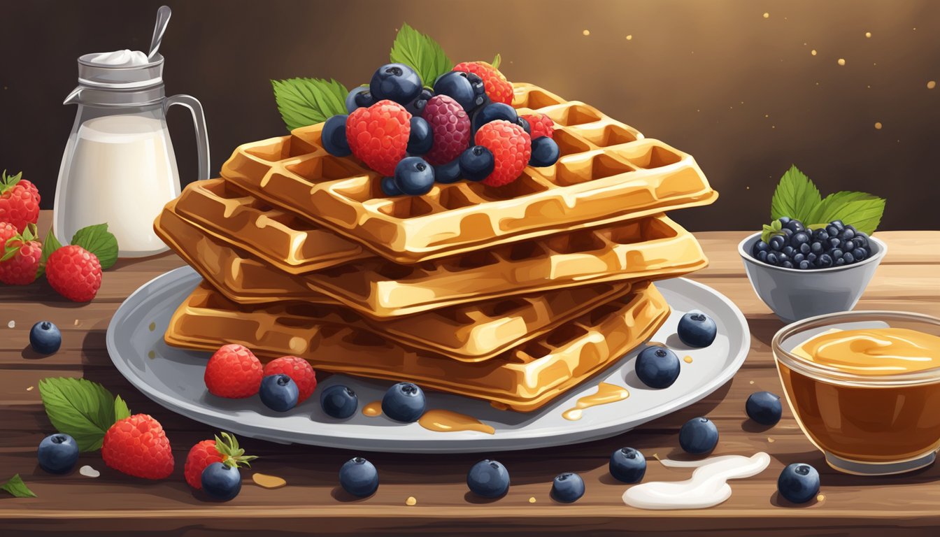 A stack of golden, crispy waffles sits on a rustic wooden table, surrounded by fresh berries, a dollop of whipped cream, and a drizzle of syrup