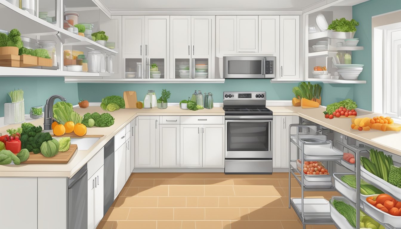 A well-organized kitchen with fresh produce and labeled storage containers. Separate areas for low-sulfur and high-sulfur foods. Bright, clean, and inviting