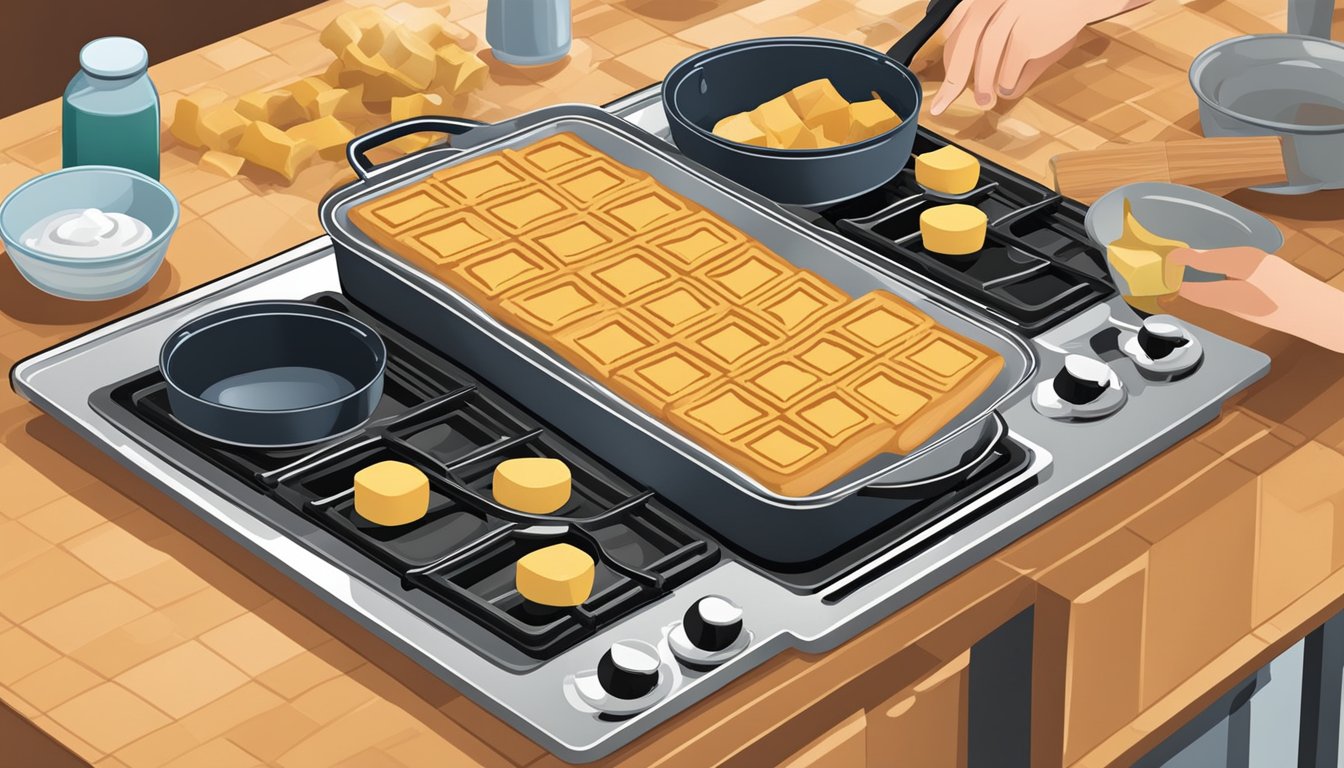 A person using a regular pan to make waffles on a stovetop. Ingredients and utensils are laid out on a kitchen counter