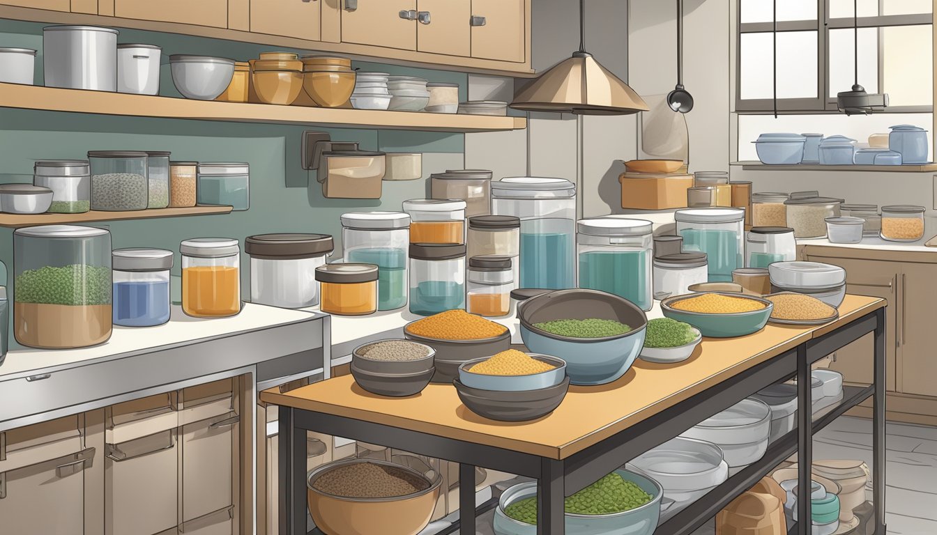 A clean, organized kitchen with designated areas for miso making, including storage for ingredients, mixing bowls, and fermentation containers