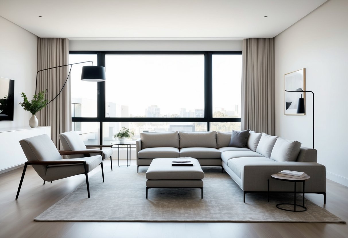 Ein modernes Wohnzimmer mit schlanker Möbeln, klaren Linien und minimaler Dekoration. Ein großes Fenster lässt natürliches Licht herein, und eine neutrale Farbpalette schafft ein Gefühl der Ruhe.