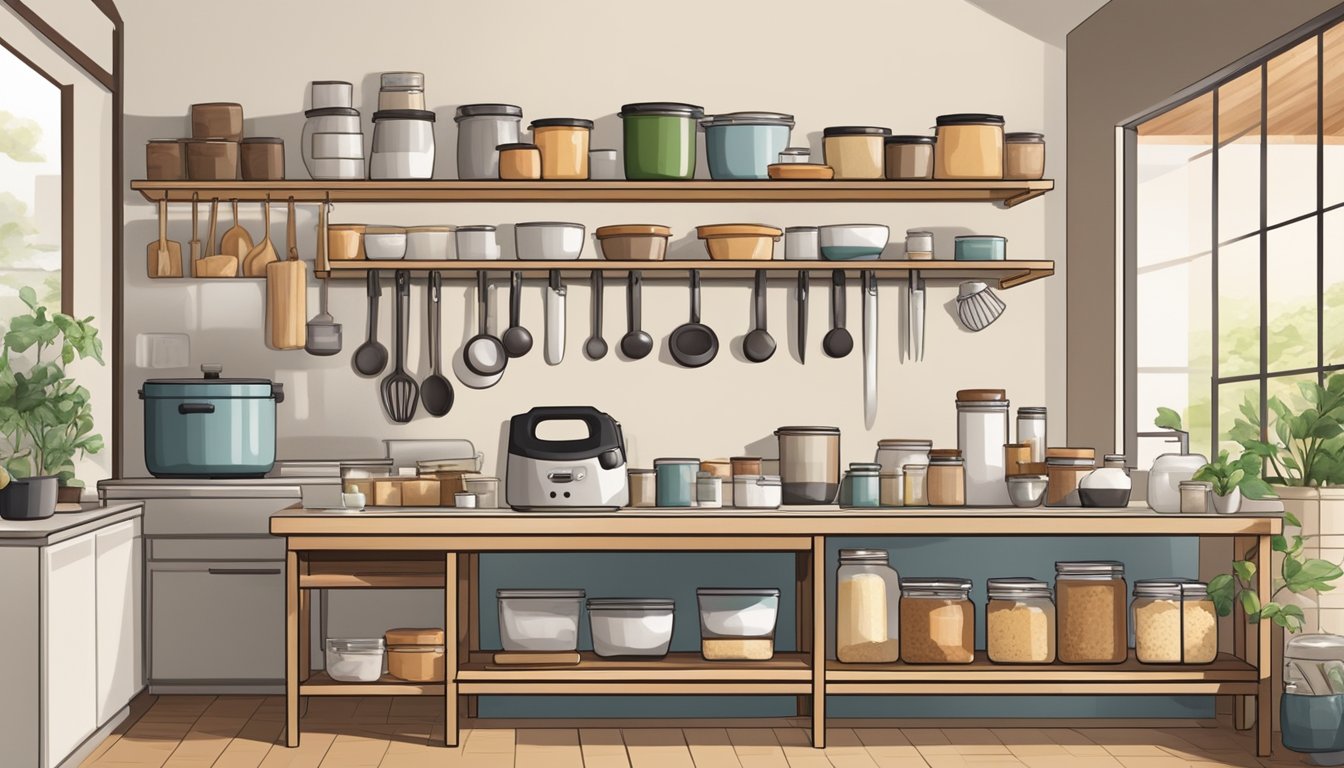 A well-lit kitchen with neatly organized miso making supplies and equipment, including jars, ingredients, and utensils, set up on a clean and spacious countertop