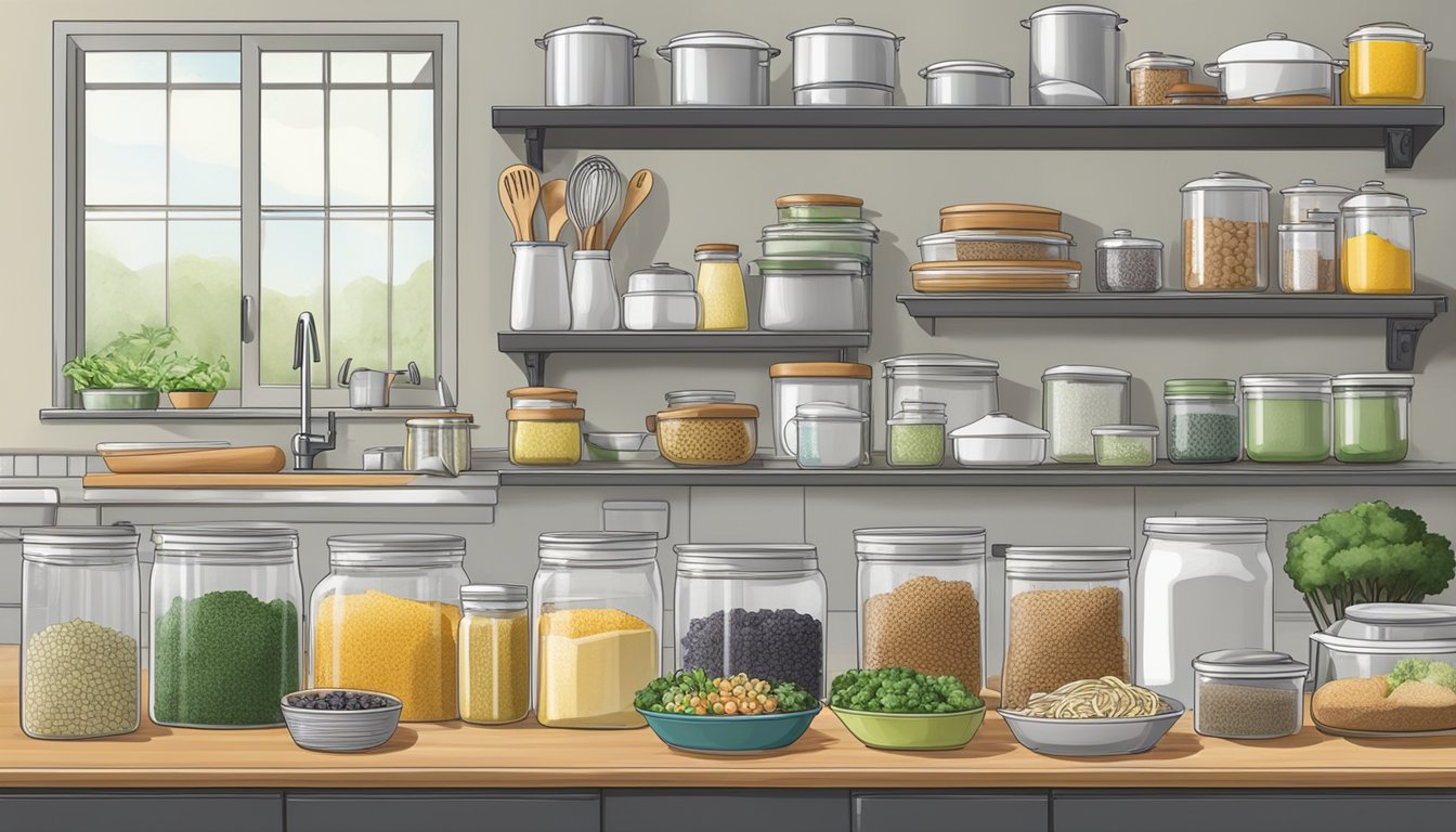 A well-organized kitchen with labeled low sulfur food items, clear containers, and a variety of cooking utensils and appliances