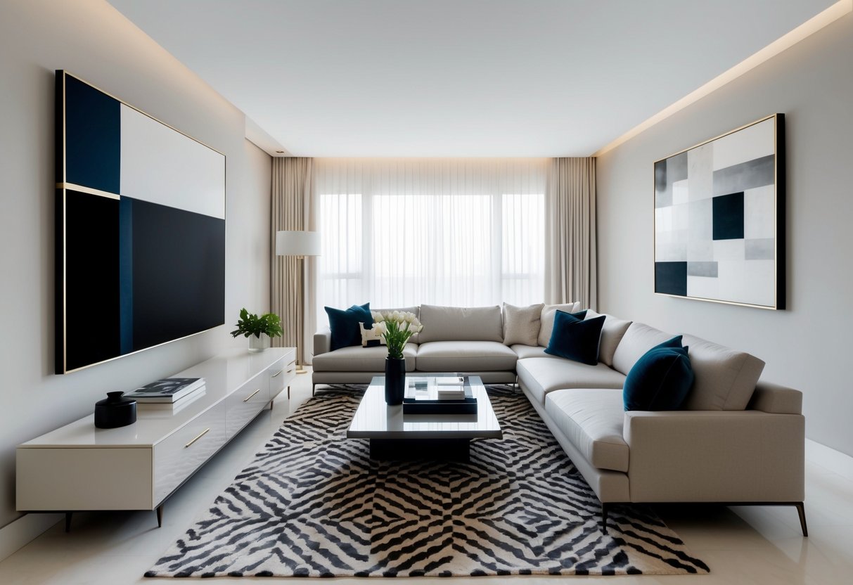 Ein modernes Wohnzimmer mit eleganten Möbeln, klaren Linien und einer neutralen Farbpalette. Ein großes, abstraktes Kunstwerk hängt an der Wand, während ein geometrischer Teppich den Raum verankert.