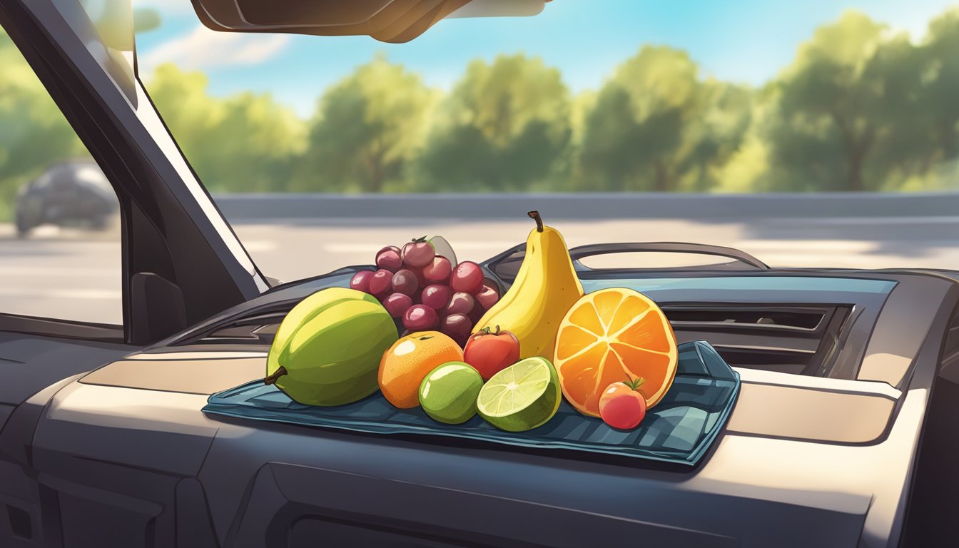 Fresh fruits and jerky arranged on a car dashboard, with the sun shining through the windshield, slowly dehydrating in the heat