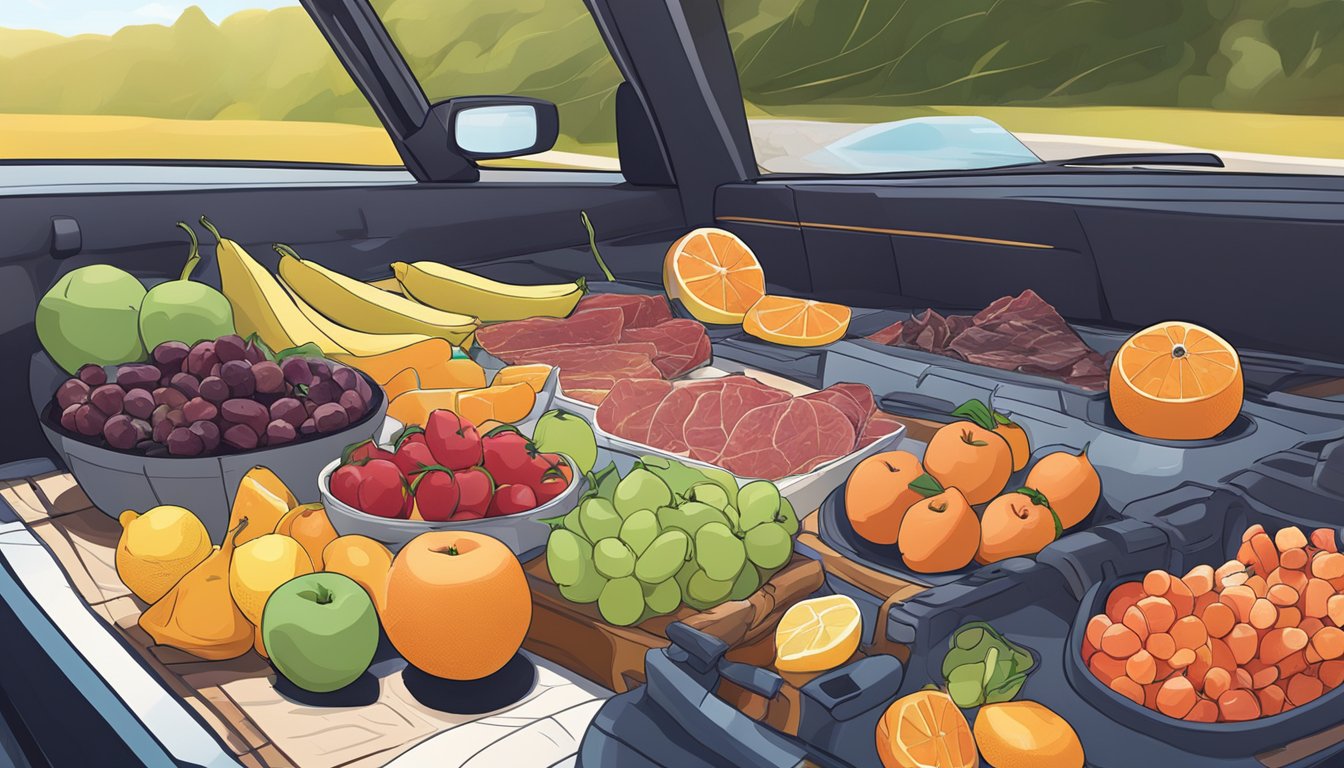 Fresh fruits and jerky laid out on a car dashboard under the sun, with heat causing dehydration