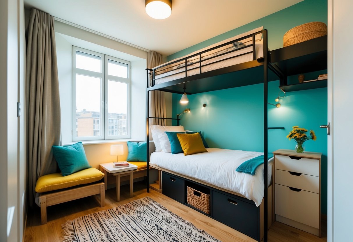 Ein gemütliches kleines Zimmer mit einem Hochbett, kompakten Möbeln und cleveren Stauraumlösungen, um den Platz zu maximieren. Helle Farben und natürliches Licht lassen den Raum offen und einladend wirken.