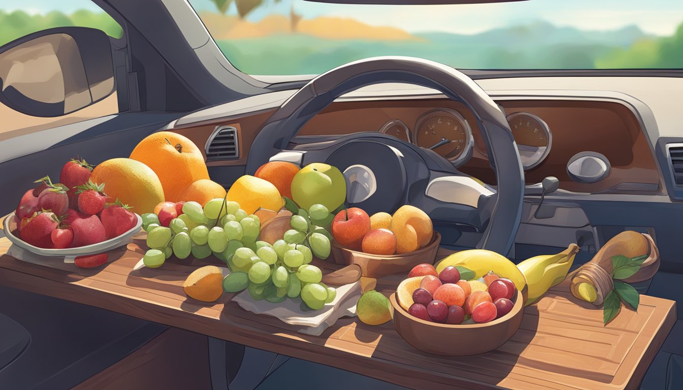 Fruits and jerky arranged on a car dashboard under the sun, with a thermometer showing high temperature