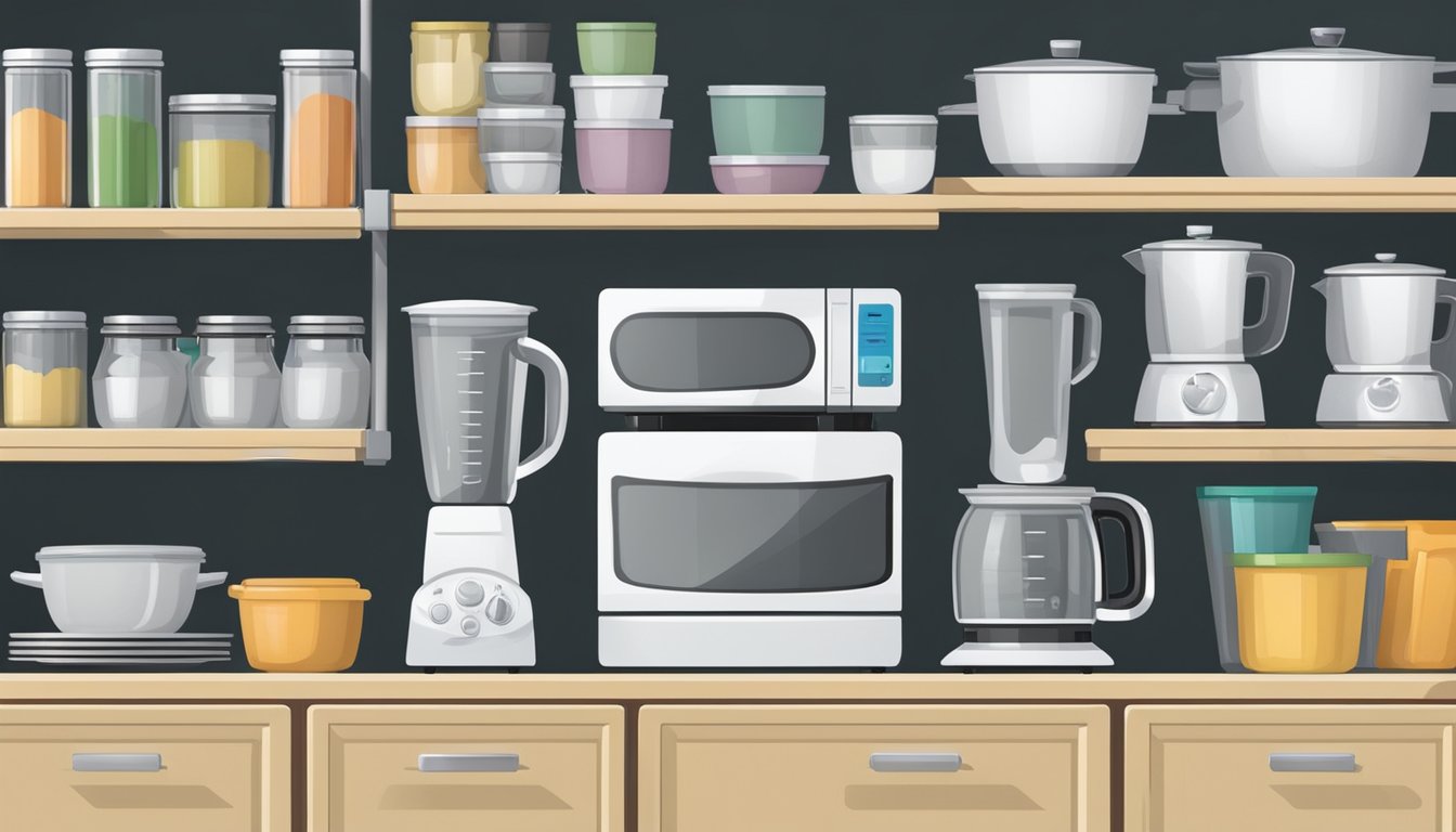 Two kitchen appliances neatly stored on a shelf with labeled containers for easy access