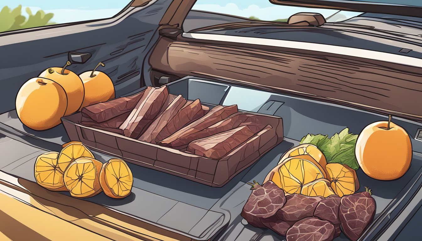 Fruits and jerky lay on a car dashboard under the sun, drying out in the post-dehydration process