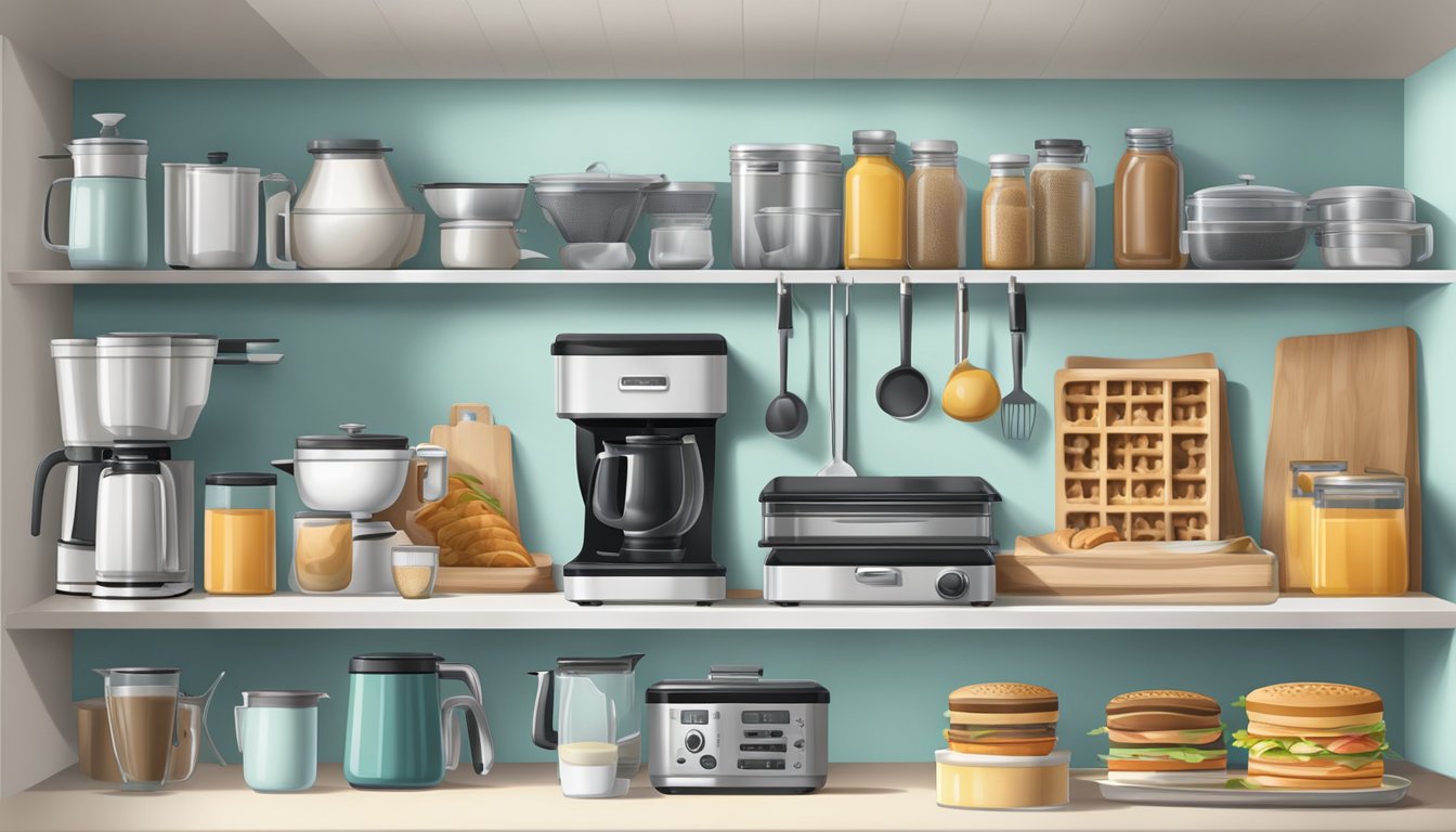 A neatly organized pantry shelf with waffle irons and sandwich makers stored in their original boxes, surrounded by other kitchen appliances