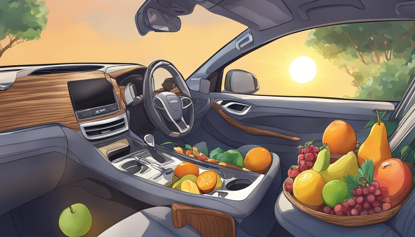 Fruits and jerky spread on a car's dashboard, sun shining through the windshield, heat dehydrating the food