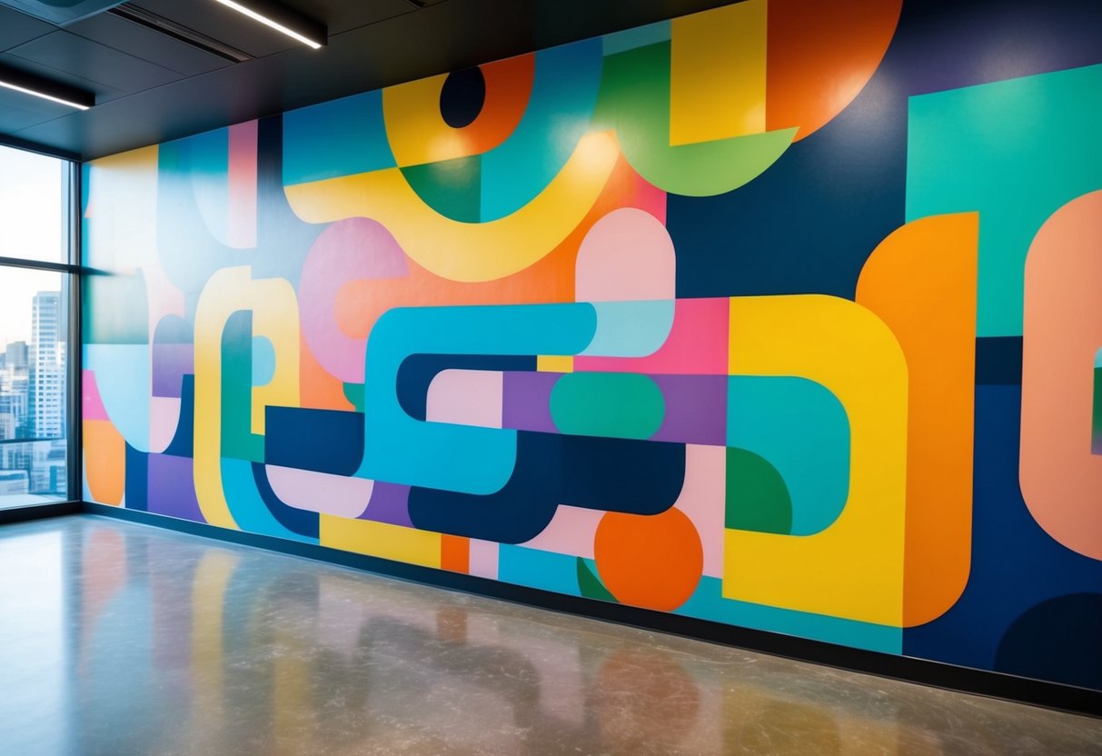 Ein farbenfrohes Wandgemälde, das eine große Wand mit abstrakten Formen und Mustern bedeckt und eine lebendige und dynamische Atmosphäre schafft.