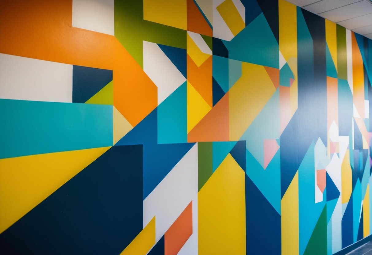 Ein farbenfrohes abstraktes Wandgemälde, das eine Wand bedeckt, mit geometrischen Formen und fließenden Linien, die eine auffällige und dynamische Komposition schaffen.