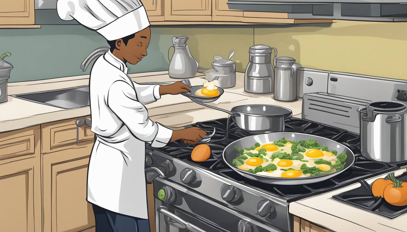 A chef mixing eggs, milk, and vegetables in a skillet over a stovetop