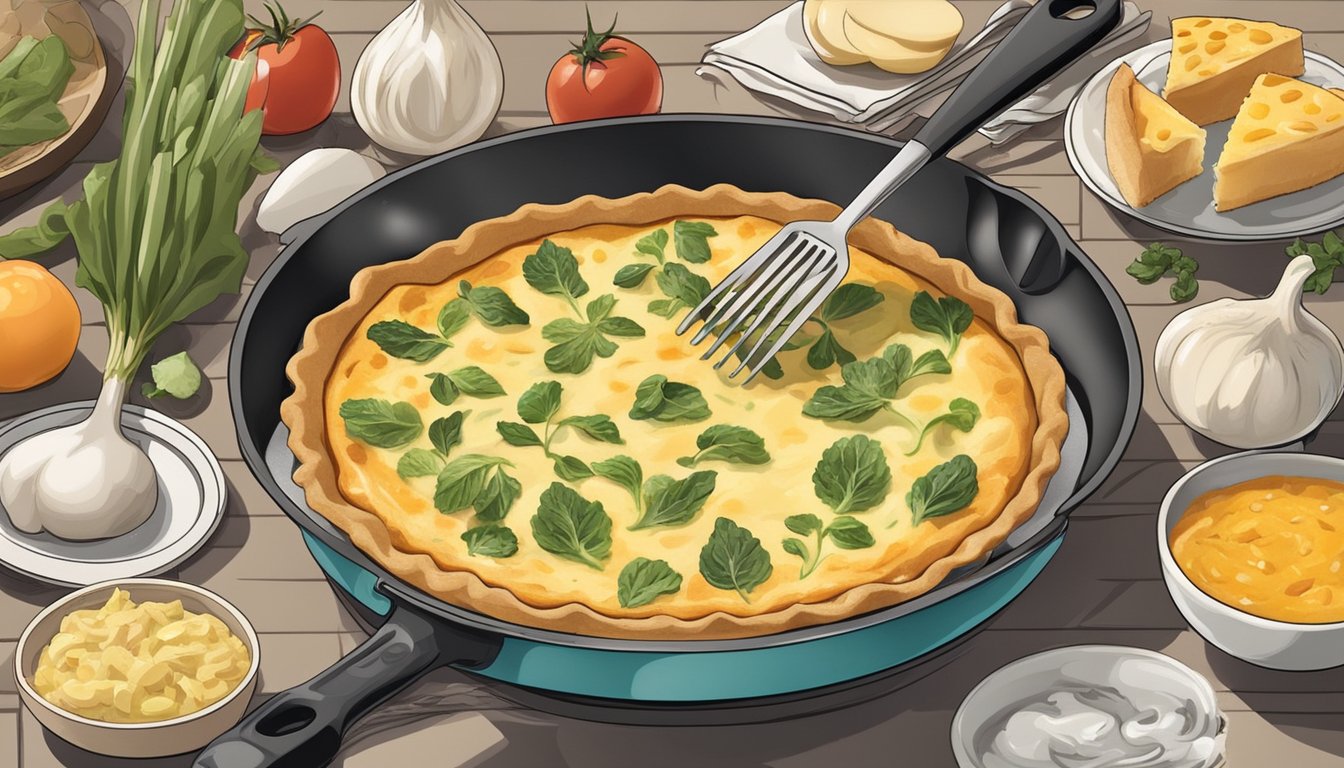 A chef using a stovetop skillet to cook a quiche, surrounded by various ingredients and utensils