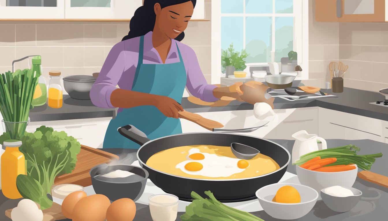 A person mixing eggs, milk, and vegetables in a bowl, while a skillet heats on a stovetop. Ingredients and utensils are scattered on the counter