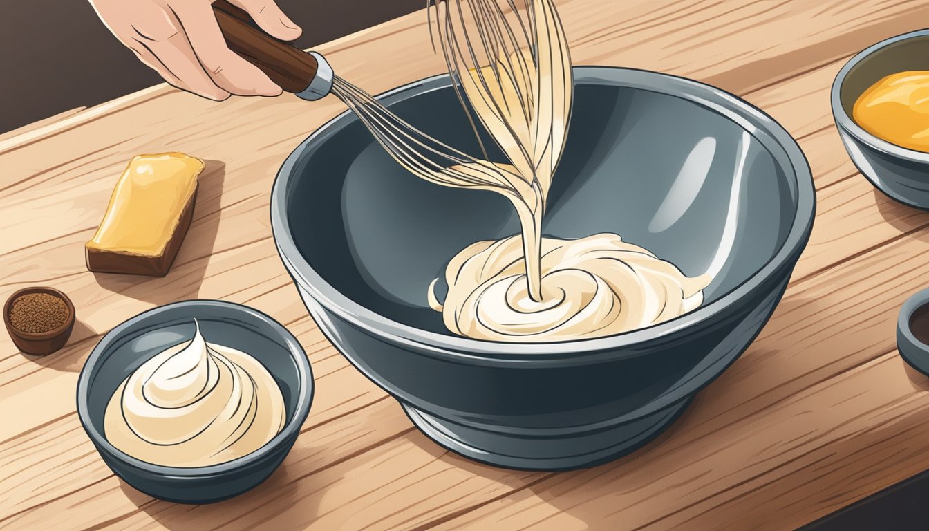 A hand pouring cream into a mixing bowl with a whisk and vanilla pods on a wooden countertop