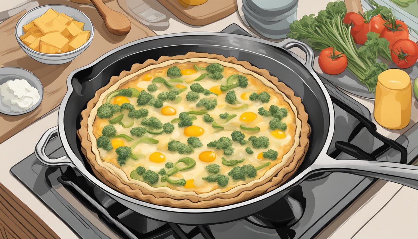 A person assembling and cooking a quiche on a stovetop in a skillet, mixing eggs, vegetables, and cheese in a bowl before pouring the mixture into the skillet and cooking it until set