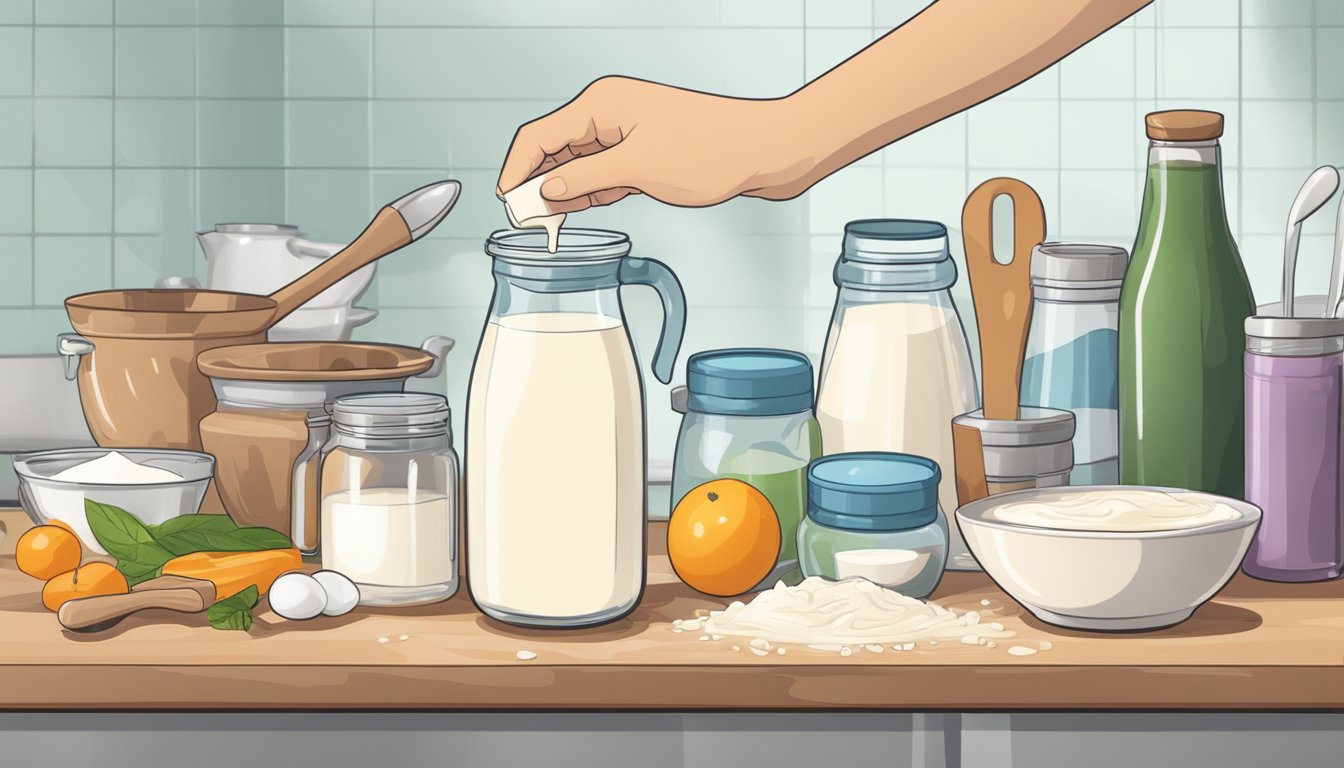 A hand pouring cultures into a jar of milk, set on a countertop surrounded by kitchen utensils and ingredients