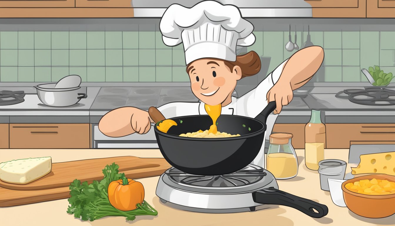 A chef mixing eggs, vegetables, and cheese in a skillet over a stovetop, with a pie crust ready to be filled