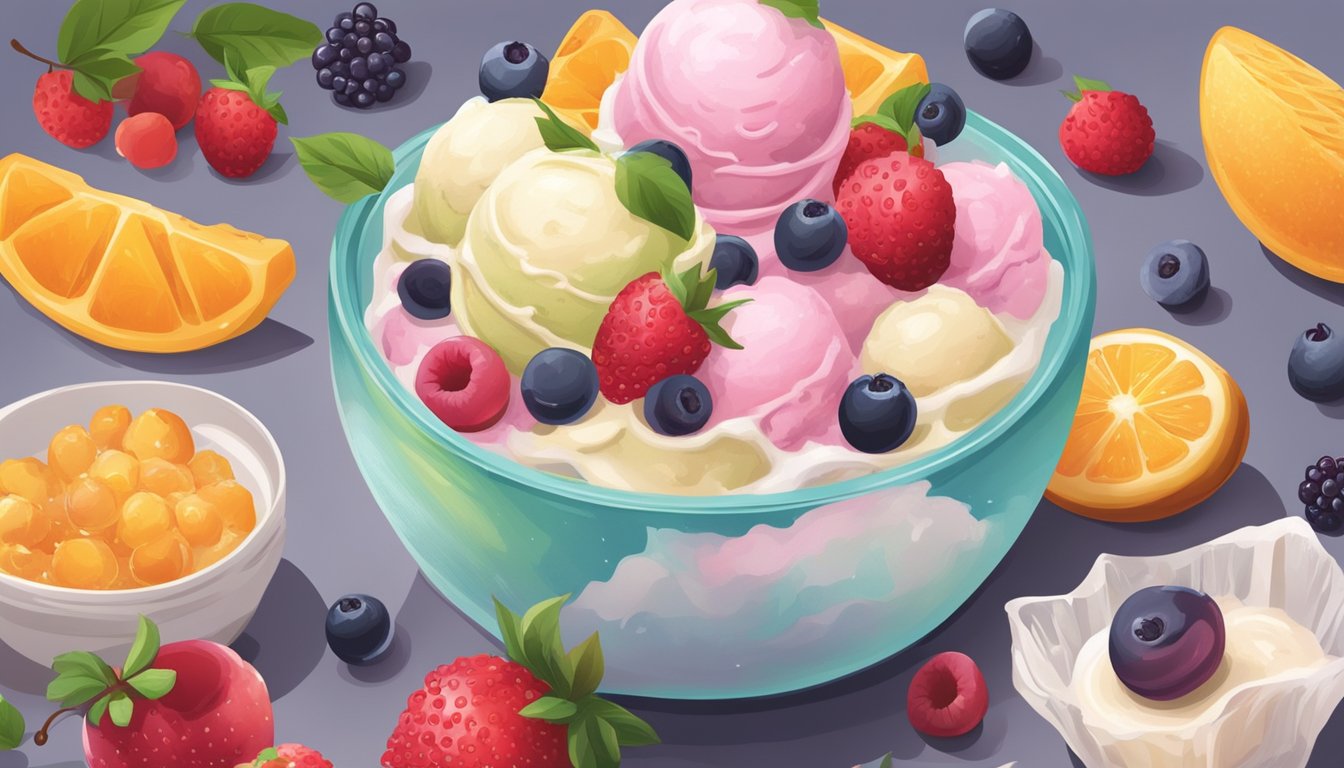 A bowl of homemade ice cream being placed in a freezer next to various frozen fruits and ingredients